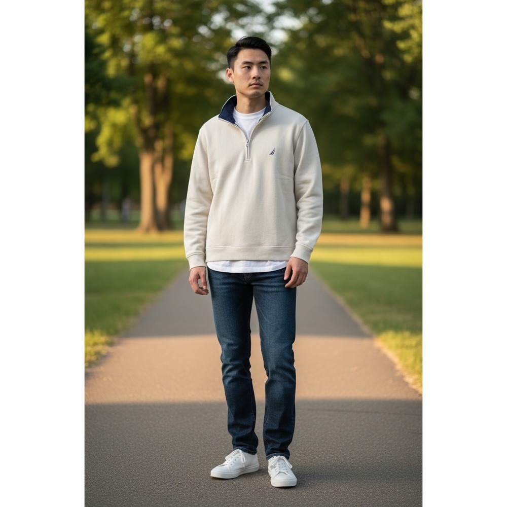 Nautica Mens XL Quarter Zip Pullover Sweatshirt Cream Navy Fleece Mock Neck Logo